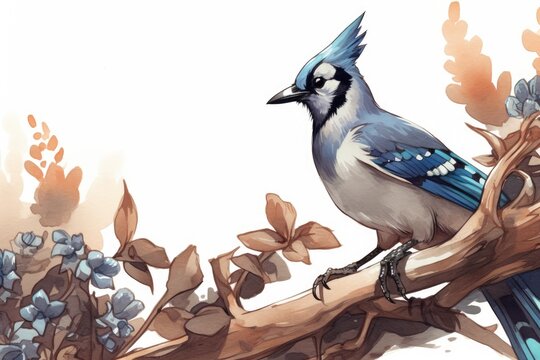 a blue jay accompanied by sage blossoms. Illustration in watercolor. Decor with vintage flower drawings. Blue bird in a vintage design with sage flowers. Generative AI