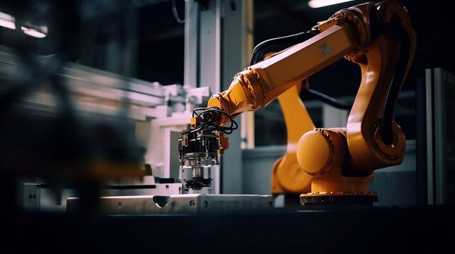 Robotic arm assembling a product on a factory production line