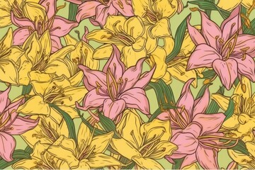 pink and yellow flowers on a green background. Generative AI