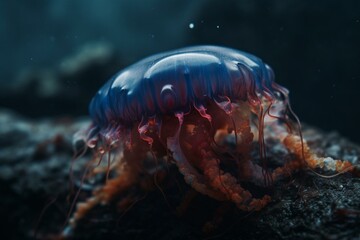 Fototapeta na wymiar Blue Red Jellyfish - The ocean jellyfish searches for fish prey and uses its poisonous tentacles to subdue the animals it hunts. Generative AI