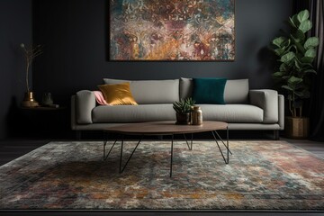 Modern multicolour living area rug interior room rug design. Generative AI
