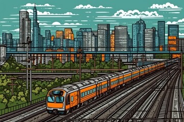 Naklejka premium steam locomotive crossing a busy city street. Generative AI