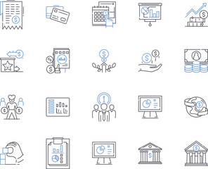 Finance business outline icons collection. Accounting, Taxation, Investment, Banking, Budgeting, Auditing, Loans vector and illustration concept set. Funds, Insolvency, Forex linear signs