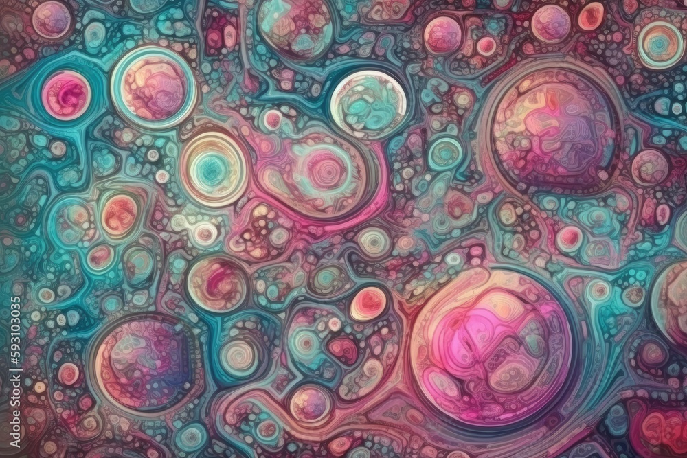 Poster an abstract painting with colorful circles and bubbles. generative ai