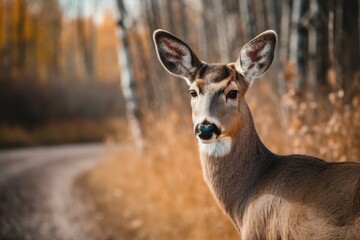 Obraz premium Cute white-tailed deer beside a road. Generative AI