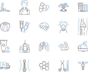 Health and medical services outline icons collection. Medical, Healthcare, Services, Treatment, Diagnosis, Prevention, Rehabilitation vector and illustration concept set. Clinics, Hospitals, Nurses