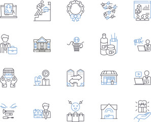 Community centers outline icons collection. Community, Centers, Community-Centers, Fun, Activities, Gatherings, Classes vector and illustration concept set. Recreation, Programs, Centers linear signs