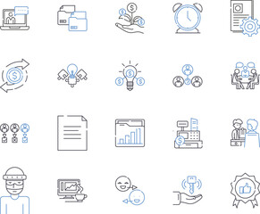 microfinance outline icons collection. Microfinance, Banking, Credit, Loans, Savings, Entrepreneurship, Cooperative vector and illustration concept set. Investment, Poverty, Women linear signs