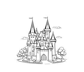 Cartoon ancient castle in black and white style for coloring. Vector illustration © Dav_782