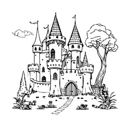 Fototapeta premium Cartoon ancient castle in black and white style for coloring. Vector illustration
