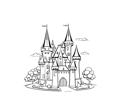Cartoon ancient castle in black and white style for coloring. Vector illustration