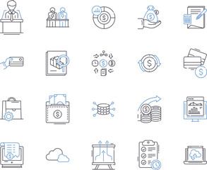 Online banking and financial services outline icons collection. online, banking, financial, services, payments, netbanking, bank vector and illustration concept set. account, trading, investments