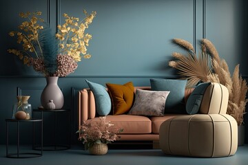 Modern concept of living room interior with design modular sofa, rattan armchair, dried flowers in vase, coffee table, decoration and elegant personal accessories in stylish home decor. Generative AI