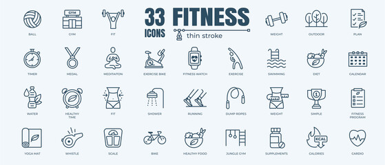 Obraz na płótnie Canvas Fitness icon set with editable stroke and white background. Thin line style stock vector.