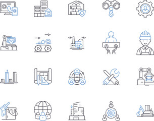 Production business outline icons collection. Manufacturing, Processing, Manufacture, Production, Fabrication, Assembling, Building vector and illustration concept set. Forming, Crafting, Constructing