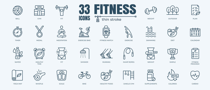 Fitness Icon Set With Editable Stroke And White Background. Thin Line Style Stock Vector.