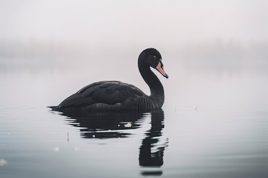 black swan on the lake, anti-fragile concept. AI generative image.