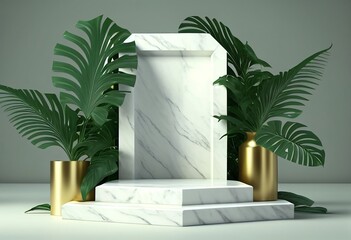 White marble podium stage platform, tropical green leaves, product display. Generative AI