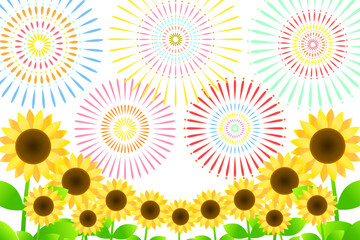 花火とひまわり。夏のイメージ素材。