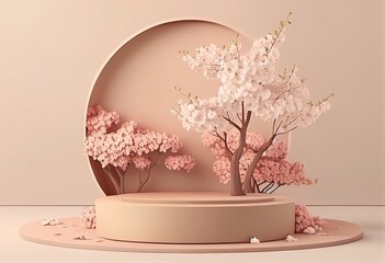 Beige podium stage platform, sakura pink flower tree branch, paper art style. Generative AI