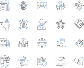 Business networking outline icons collection. Business, networking, contacts, leads, referrals, partners, collaboration vector and illustration concept set. resources, relationships, alliances linear
