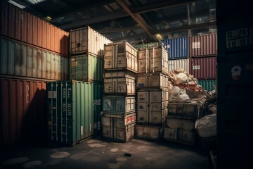 Lieferkettenprobleme im globalen Handel - Containerstau und Unterbrechung der globalen Lieferketten. Generative AI