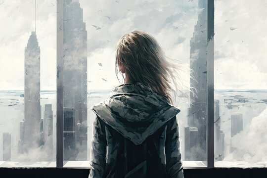 Back view of a reflective woman gazing out of a skyscraper window at the cityscape. It's summer, cloudy, and daytime. Future concept of success, opportunity, sightseeing, and discovery. Generative AI