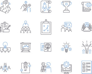 Company development outline icons collection. Growth, Expansion, Investment, Profitability, Efficiency, Strategy, Optimization vector and illustration concept set. Succession, Innovation, Productivity