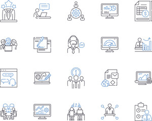 Workflow and office outline icons collection. Workflow, Office, Automation, Process, Tasks, Organize, Routines vector and illustration concept set. Management, Integration, Optimization linear signs