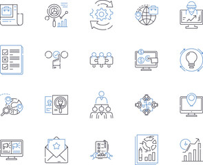 Fototapeta premium Business development outline icons collection. Sales, Leads, Strategy, Marketing, Profit, Growth, Networking vector and illustration concept set. Consulting,Product,Clients linear signs