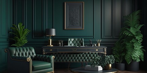 Modern interior design for home, office, interior details, upholstered furniture on the background of a dark green classic wall. Generative AI