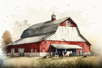 Traditional Vintage Red Farm barn with white and black cow on the front. Original simple watercolor rural illustration. Generative AI