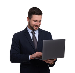 Handsome bearded businessman in suit with laptop on white background