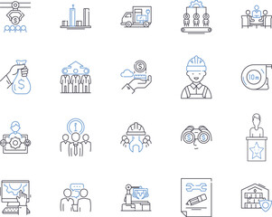 Production workflow outline icons collection. Manufacture, Process, Logistics, Assembly, Management, Planning, Optimization vector and illustration concept set. QC, Control, Automation linear signs