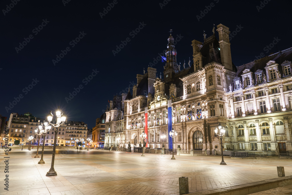 Sticker city hall of paris at night, france