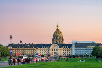 Les Invalides facade in Paris at sunset. France