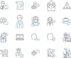 Human resources management outline icons collection. Human, Resources, Management, Recruitment, Hiring, Training, Development vector and illustration concept set. Performance, Analysis, Employee
