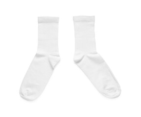 Pair of stylish clean socks isolated on white, top view