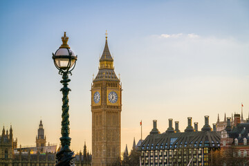 Fototapeta na wymiar Big Ben and Dolphin lamps of London at sunset