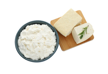 Different types of delicious tofu cheese with rosemary on white background, top view