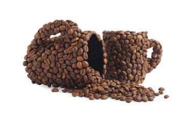 Cups of drink, composition made with coffee beans isolated on white