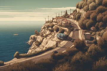 Pixel art highway on hillside near sea, road on the coast, landscape in retro style for 8 bit game, Generative AI