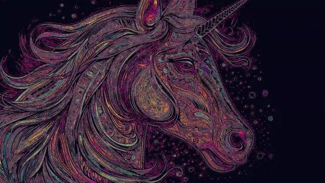 Unicorn neon magic short animated clips for vj dj background music visualizer, weird alpha layer, trippy montage illustrated retro nostalgic rainbows and sparkles
