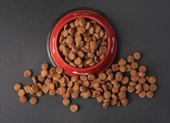 Dry dog food and feeding bowl on black background, flat lay