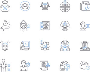 Finance and money outline icons collection. Money, Finance, Banking, Investment, Credit, Debt, Interest vector and illustration concept set. Tax, Earnings, Cryptocurrency linear signs