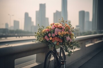 Fototapeta na wymiar a bicycle with a bouquet of flowers on the front of it on a bridge over looking a cityscape with skyscrapers in the background. generative ai
