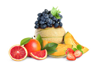 Many different fresh fruits on white background