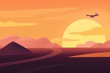 an airplane soaring through a majestic desert sunset. Generative AI