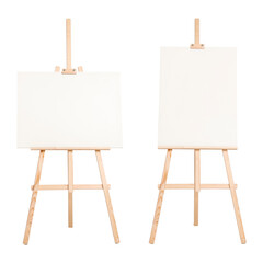 Wooden easel with different canvases isolated on white