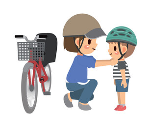 自転車用のヘルメットを子供にかぶらせているお母さん